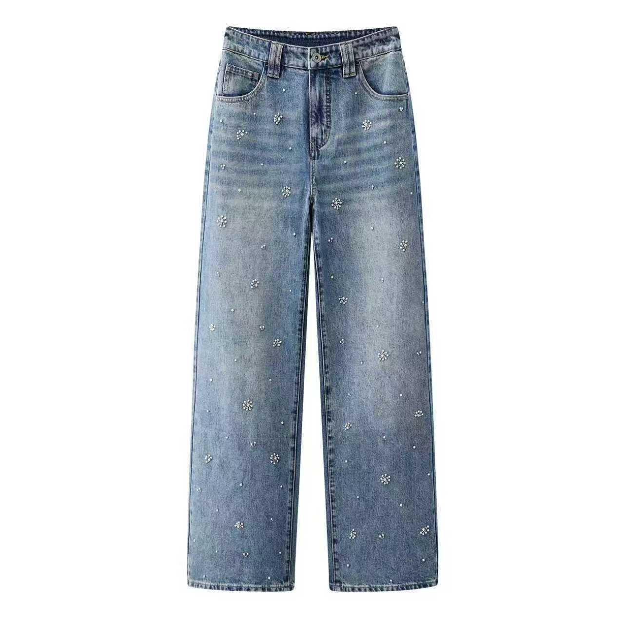 

Spring 2026 Retro High-Waisted Floral Beaded Denim Jeans for Women XS джинсовий/синій