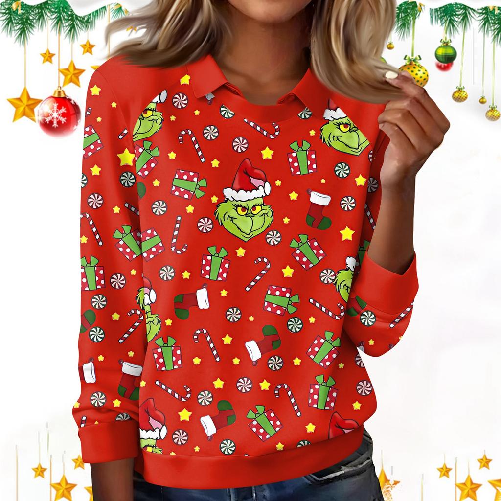 Women's Fashion Christmas Print Lapel Long Sleeve Casual Crewneck T-Shirt Top