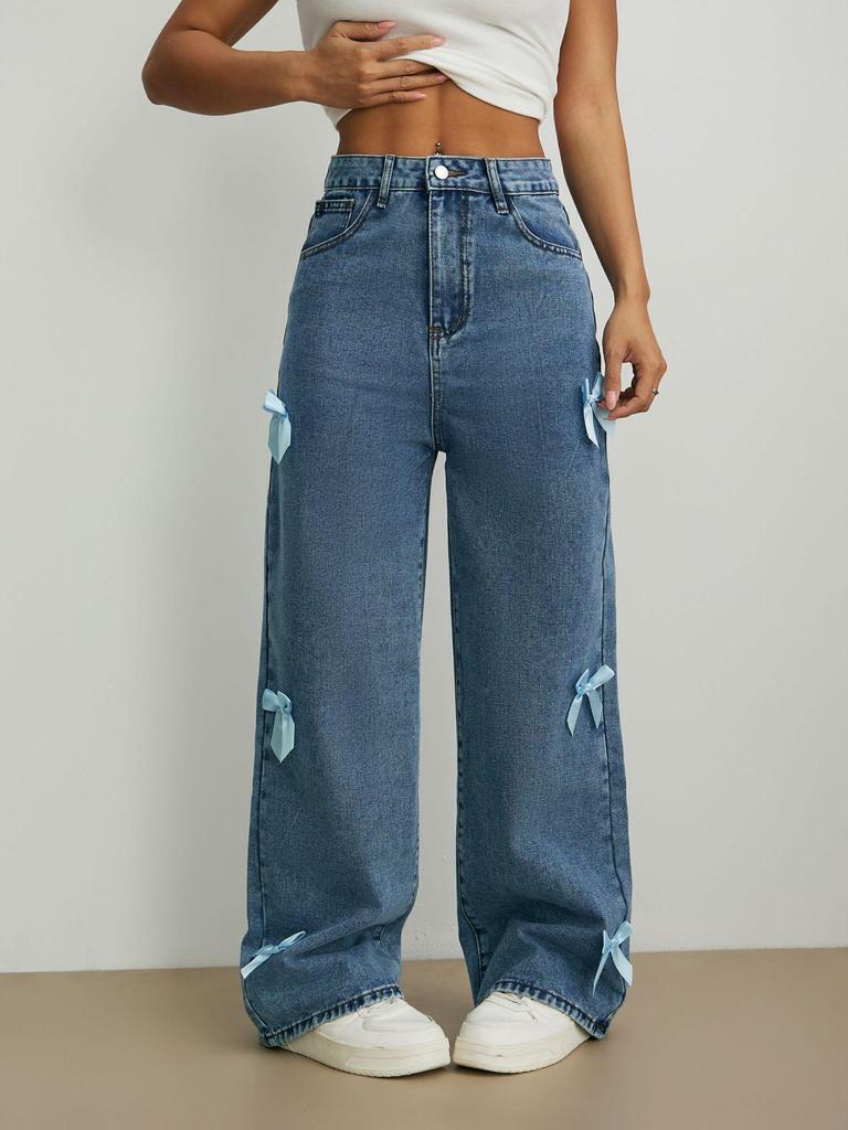 Women's Trendy Bow Straight-Leg Wide-Leg Jeans
