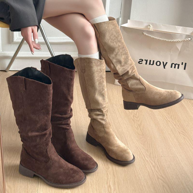 Damskor Mocka Vintage Rynkade Höga Stövelskaft - Wasteland-stil, Mångsidiga Staplade Långskaftade Stövlar för Vår och Höst 2025