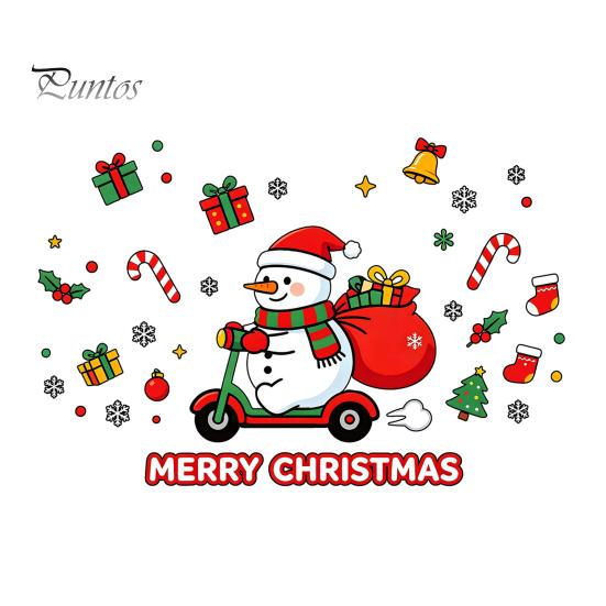 Winter Home Decor Cute Snowman Scooter Christmas Static Window Cling, Cartoon Merry Glass Decorations Decal, Waterproof Sticker for Shop Xmas