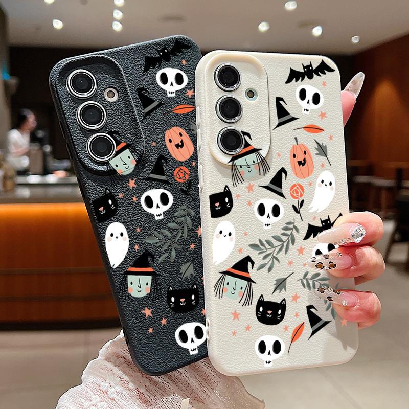 Ghost Pumpkin Pattern Phone Case For Samsung Galaxy S25 S24 S22 Ultra S23 S24 FE A17 A56 A16 A36 A26 A55 A15 A25 A54 5G Leather Texture TPU Shockproof