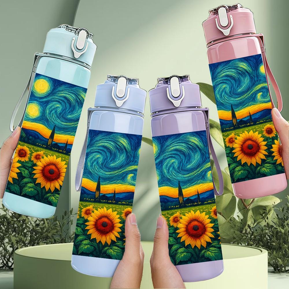 1PC Van Gogh Sunflower Starry Night 750ml Color Plastic Sports Water Bottle Leakproof Flip Straw Lid Suitable for Sports Office Home Use