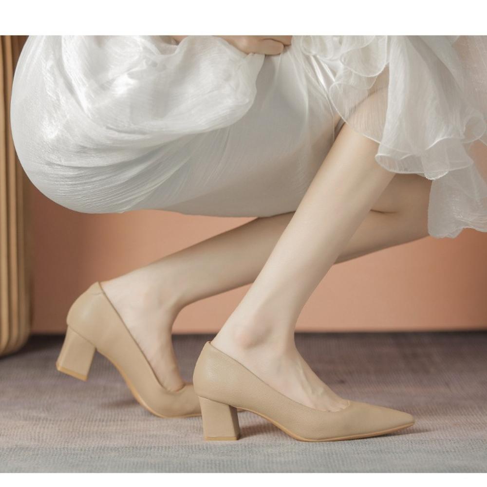 Women's French Nude High Heels 2025 Spring Autumn New Soft Leather Non-Tiring Feet Commuting Work Interview Versatile Shoes XCY40-555