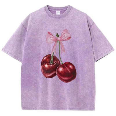 Damen Baumwolle Gewaschene T-Shirts Mode Distressed Lockere T-Shirts Sorgfältig Verpackt Kirschdrucke Oberteile Lässige Damenkleidung