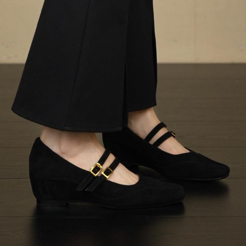 2025 Autumn New 5.5cm Inner Height Increase Slope Heel Square Head Shallow Mouth Double Breasted Buckle with Matte Mary Jane Single Shoes Women
