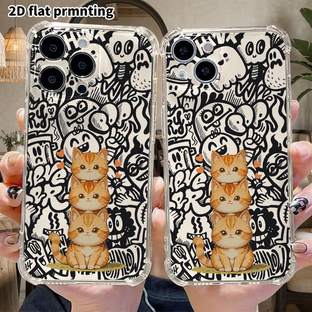 Phone Case: 2D Flat Suitable for iPhone 18 17 16 15 14 13 Pro, Transparent Four Corner Protective Case, Stacked Orange Cat, Christmas and Halloween Gi