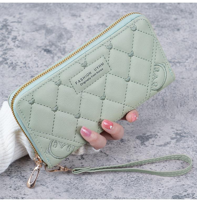 Damen Langreißverschluss-Geldbörse: Bestickte Clutch in Unifarbe, Geräumiges Münzfach, Multifunktionale Handytasche