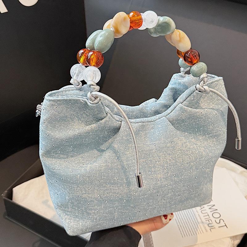 New Chinese bag women's handbag 2025 new summer fashion niche casual bucket bag beaded messenger bag