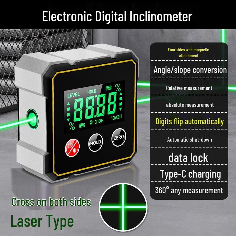 4-Side Magnetic Digital Inclinometer with Laser and Electronic Angle Ruler