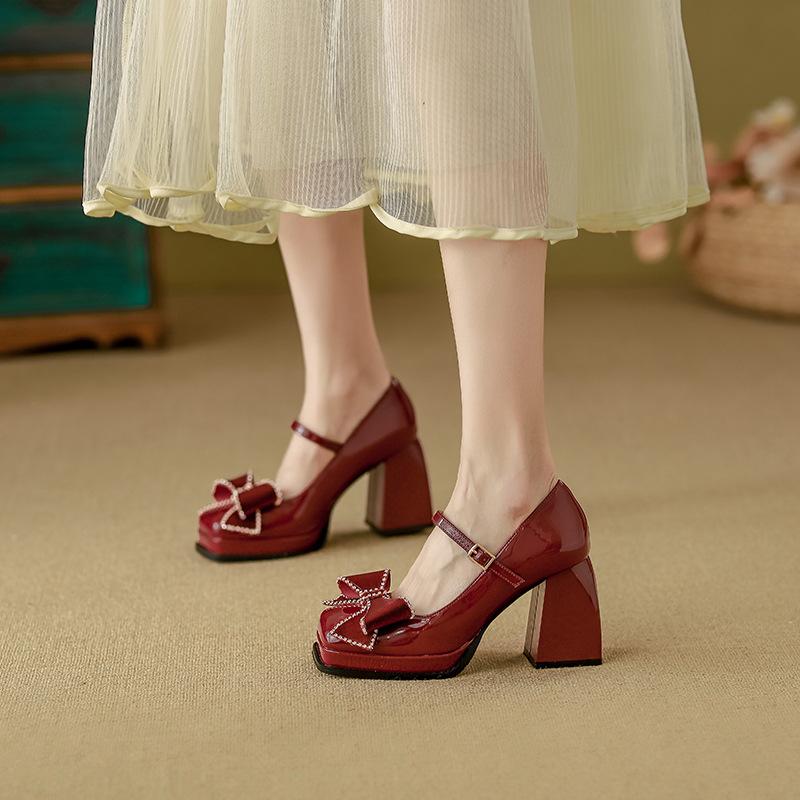 Mary Jane High Heels Women's Lace Bow Single Shoes 2025 Spring New Shallow Mouth Women's Shoes Small Height