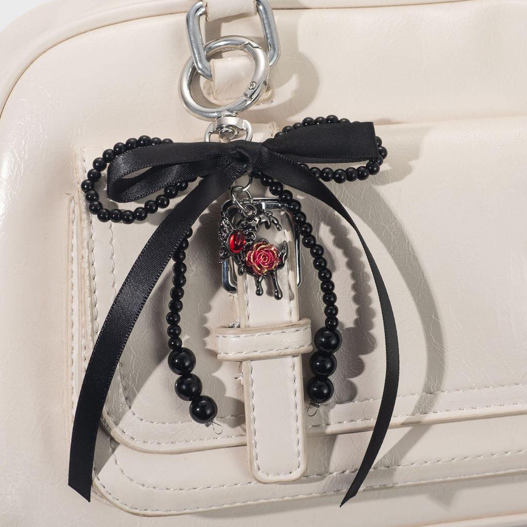 Korean Style Handmade Beaded Ribbon Bow & Rose Pendant Keychain Bag Charm
