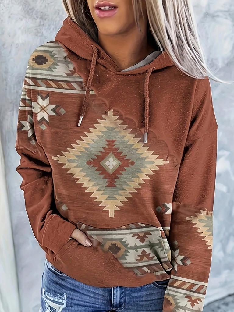 Kadın Western Etnik Baskılı Kapüşonlu Sweatshirt Günlük Retro Baskılı Kapüşonlu Sweatshirt Kadın Giyim Üstler