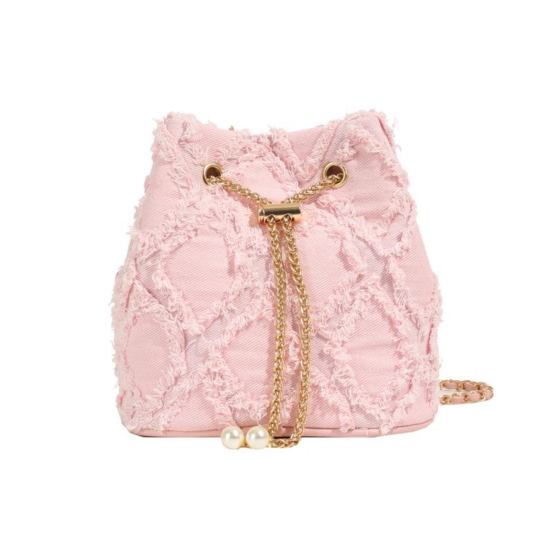 Ling Grid Řetízková Kbelíková Taška, Jednoduchá Crossbody Taška, Dámská Módní Ramenní Taška se Stahovací Šňůrkou a Střapcem
