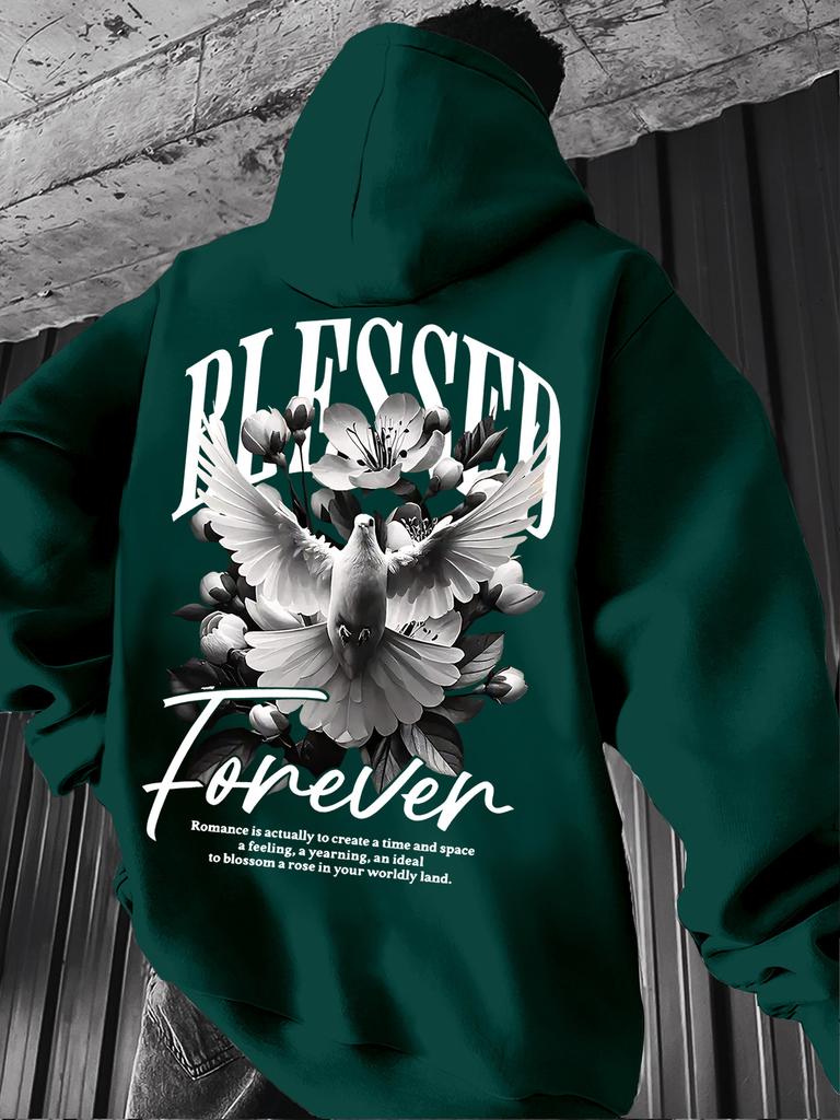 Men's Casual Loose Pigeon-print Fleece Thickened Hooded Sweatshirt for Autumn and Winter Wear