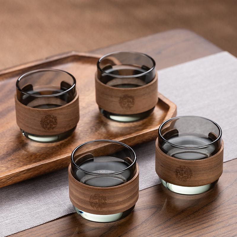 Walnut Wood Anti-Scald Glass Teacup - Japanese Kung Fu Master Tea Set for Home Use