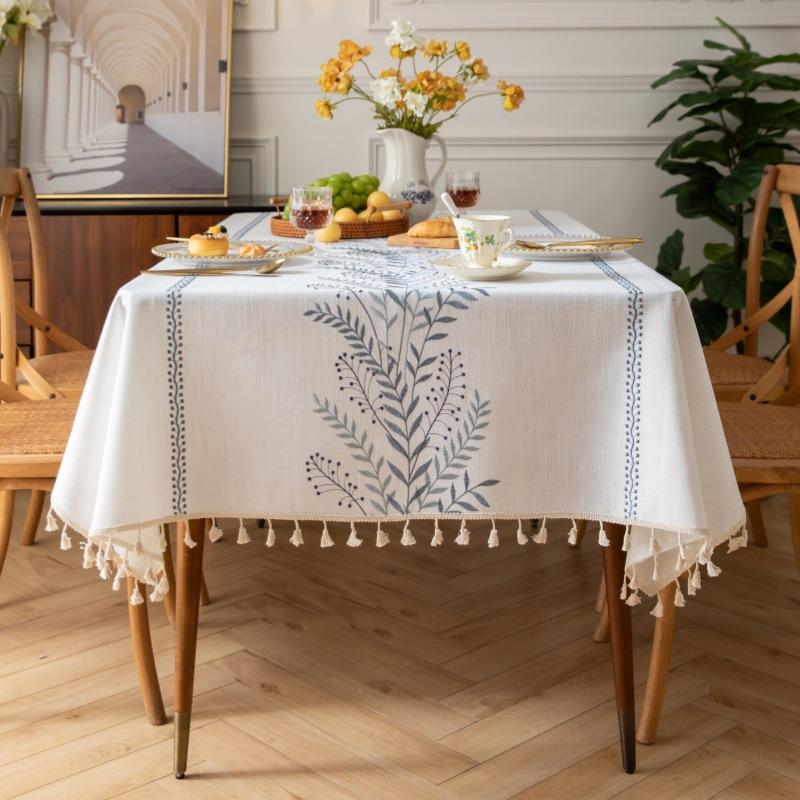 High-Grade High-Grade Broken Flower Tablecloth Cotton And Linen Fabric Thickened Embroidered Waterproof Dining Table Cloth