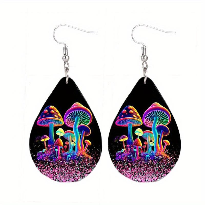 Glowing Mushroom Jellyfish Pattern PU Leather Earrings for Women Creative Fashion Earrings Double-sided Pattern Design Classic Water Drop Earrings