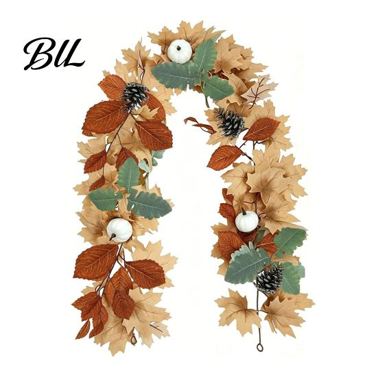 Artificial Maple Leaf Garland Fall Wreath, Autumn Vine with Pine Cones Pumpkins, Reusable Decorations for Home Hanging Decor Thanksgiving Harvest