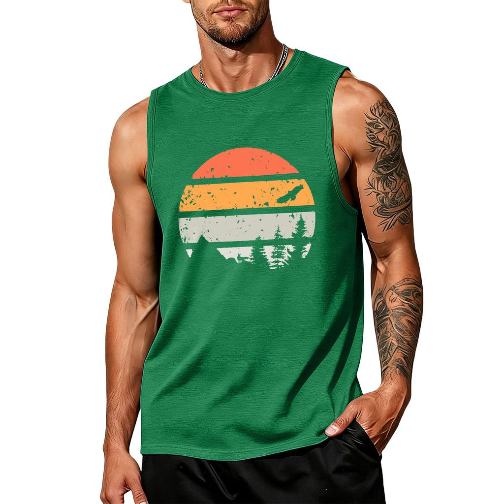 Mens Sleeveless Tank Top Crew Neck Graphic Print Vintage Style Casual Loose Fit Comfortable Shirt