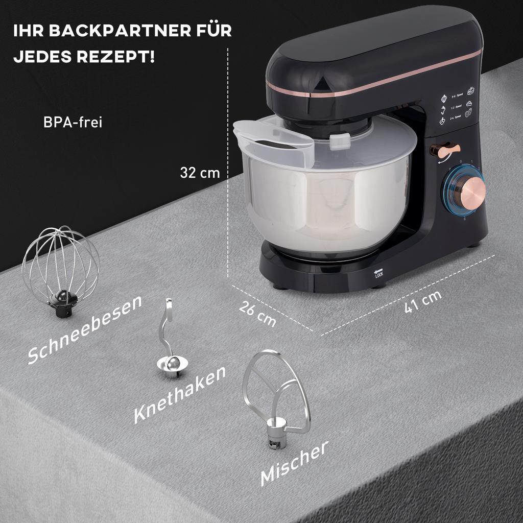 Stand Mixer, Kitchen Machine, Mixing Appliance, 6 Speeds, 5.5L Stainless Steel Bowl, Black