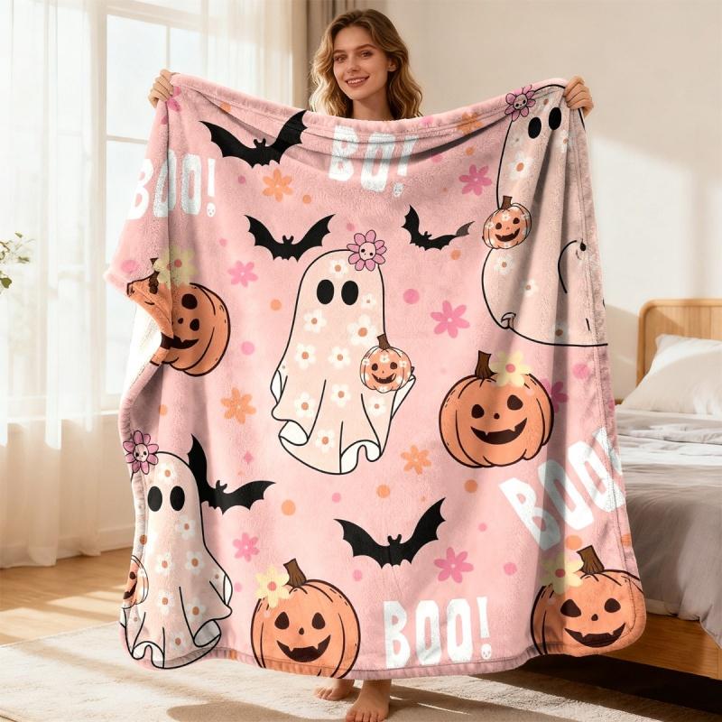 Pink Boo Ghost Pumpkin Floral Halloween Throw Blanket,Cute Bat Pattern Soft Sofa Bed Cover,Warm Spooky Season Decor Blanket