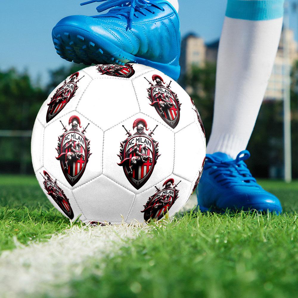 AC Milan logo Size 5 Soccer Ball, Machine-Stitched PVC, Durable & High Bounce, All Ages Fit, fan merchandise, matches & outdoor use.