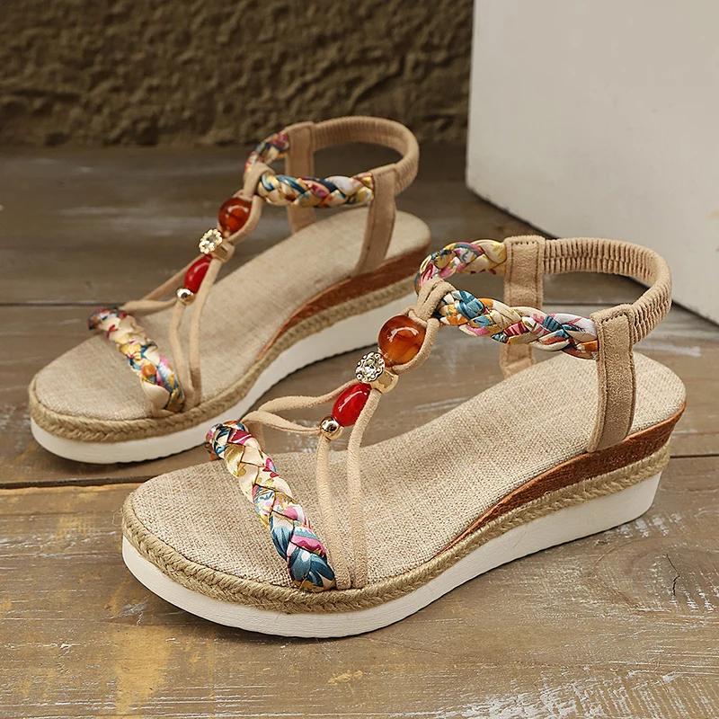 Fashion Bohemian Style Espadrille Wedge Sandals for Women Beaded Decor Ankle Strap Platform Sandals Woman Comfortable Summer Beach Shoes