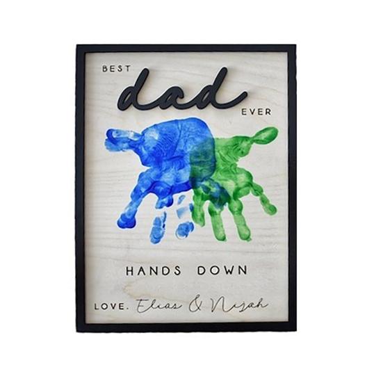 Handprint Frame for Dad Wooden DIY Craft Kit for Kids & Couples 3D Raised DAD Letter Art Personalized Memorial Gift with Easel Small I Love Dad