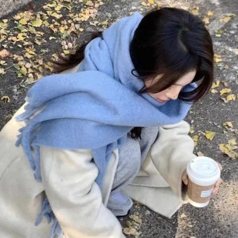 Solid color scarf, women s autumn and winter scarf, high-end couple mohair warm thickened tassel grid High quality thickened