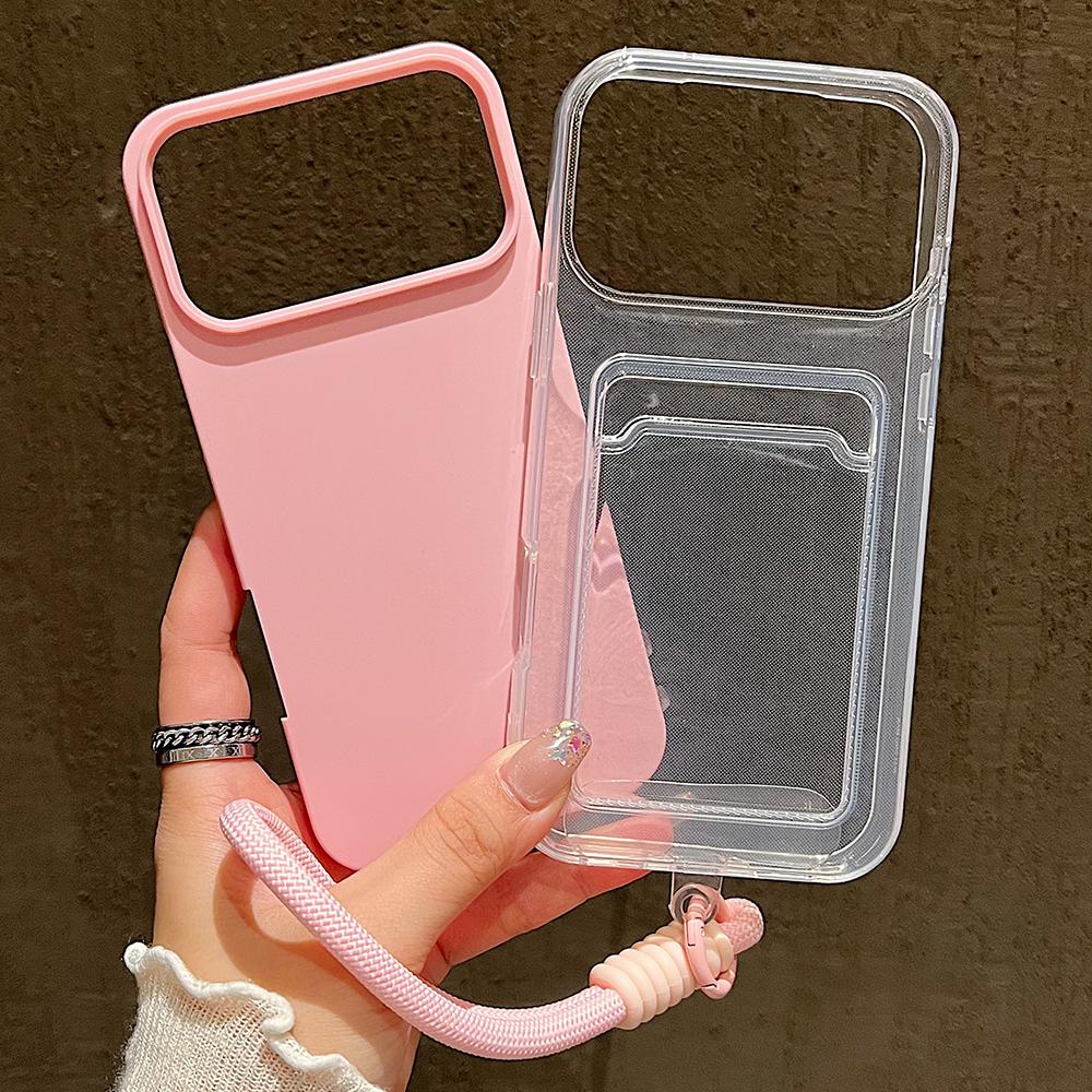 Candy Color Card Slot Bag Holder Phone Case For iPhone 17 16 15 14 13 12 11Pro Max Air Wrist Strap Shockproof Cover With Lanyard