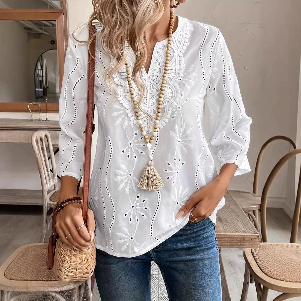 Spring and Autumn New Loose V-neck Embroidered Flared Sleeve Lace Top Chiffon Shirt