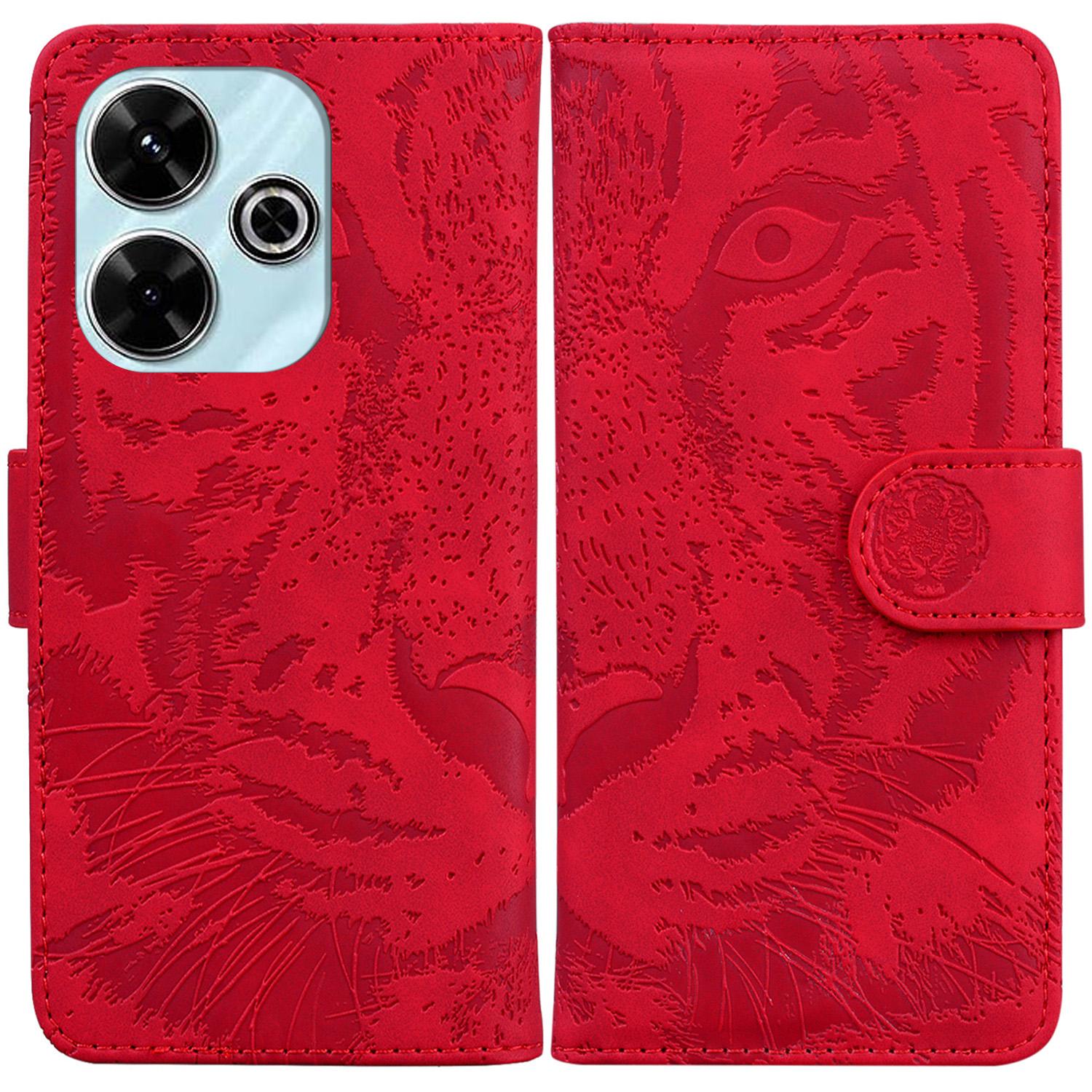 

For Xiaomi Redmi 13 5G/13 4G/Poco M6 4G Case Tiger Imprint Anti-Fall PU Leather Phone Cover Red