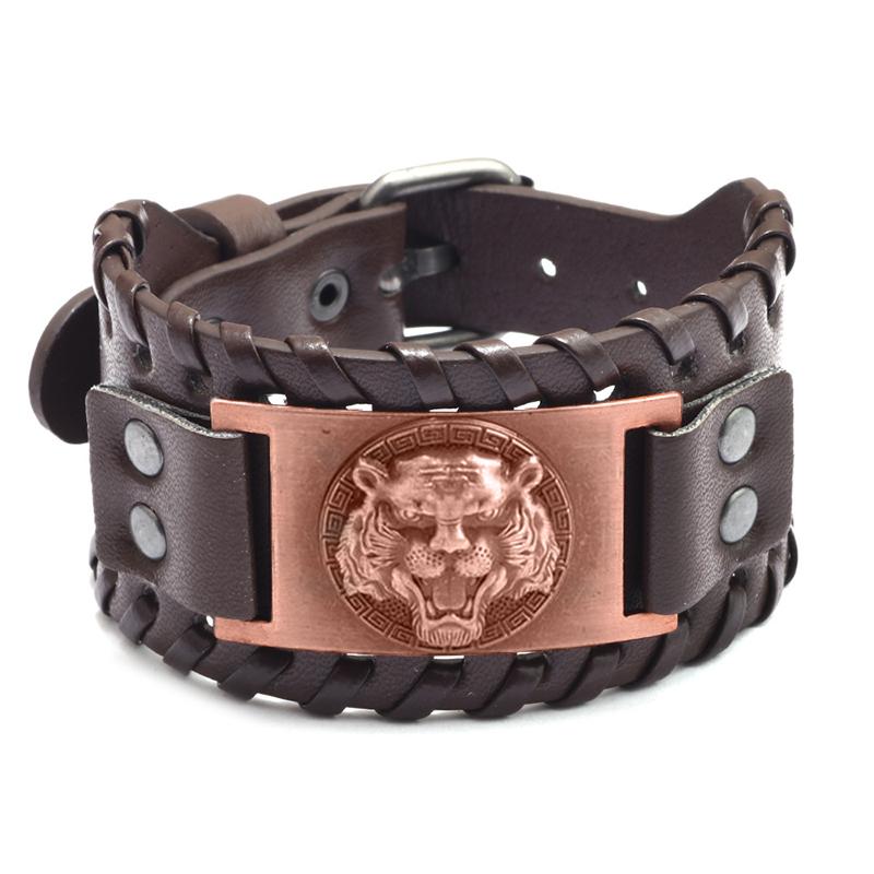 

Fashion Wide Leather Fierce Tiger Bracelet for Men Vintage Viking Style Charm Accessories Jewelry Gift коричневий