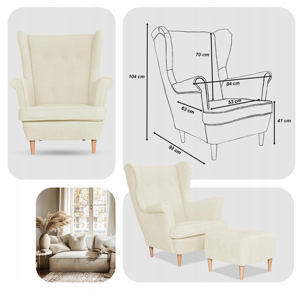 Wingback Armchair with Footrest Scandinavian Velvet Cream Light Hunter Family Furniture Beige