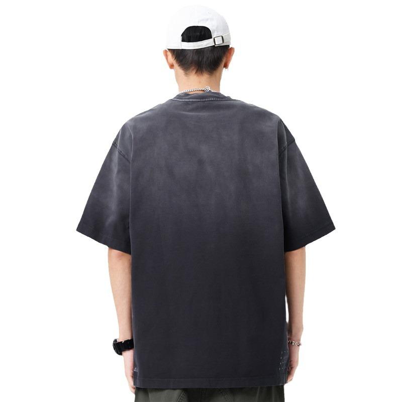 Men's Trendy Gradient Wash Short-Sleeve Letter Print T-Shirt - Loose Fit, Plus Size, Summer Style