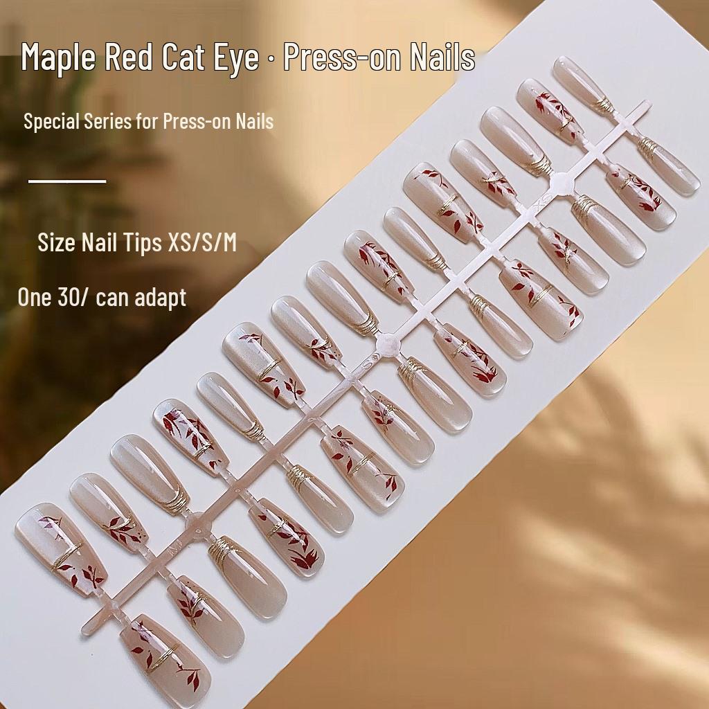 

Gilded Nail Patches: Maple Leaf Red Cat Eye Wearable Nails - High-End Temperament False Nails