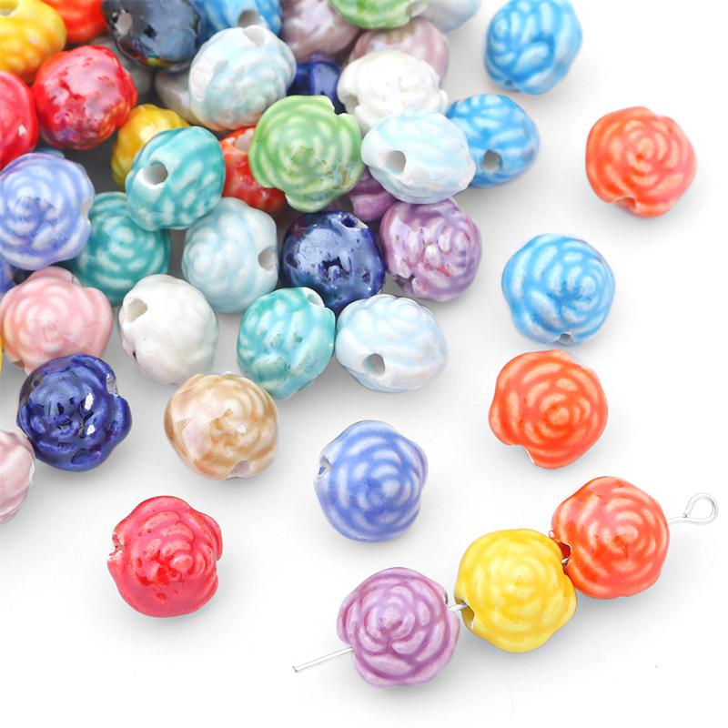 10 Stück/Beutel, 12 x 10 mm, handgefertigt, bunte Rosenblume, Keramik-Charm-Perlen, Porzellan-Abstandsperlen für Halskette, Armband, DIY-Schmuckherstellung