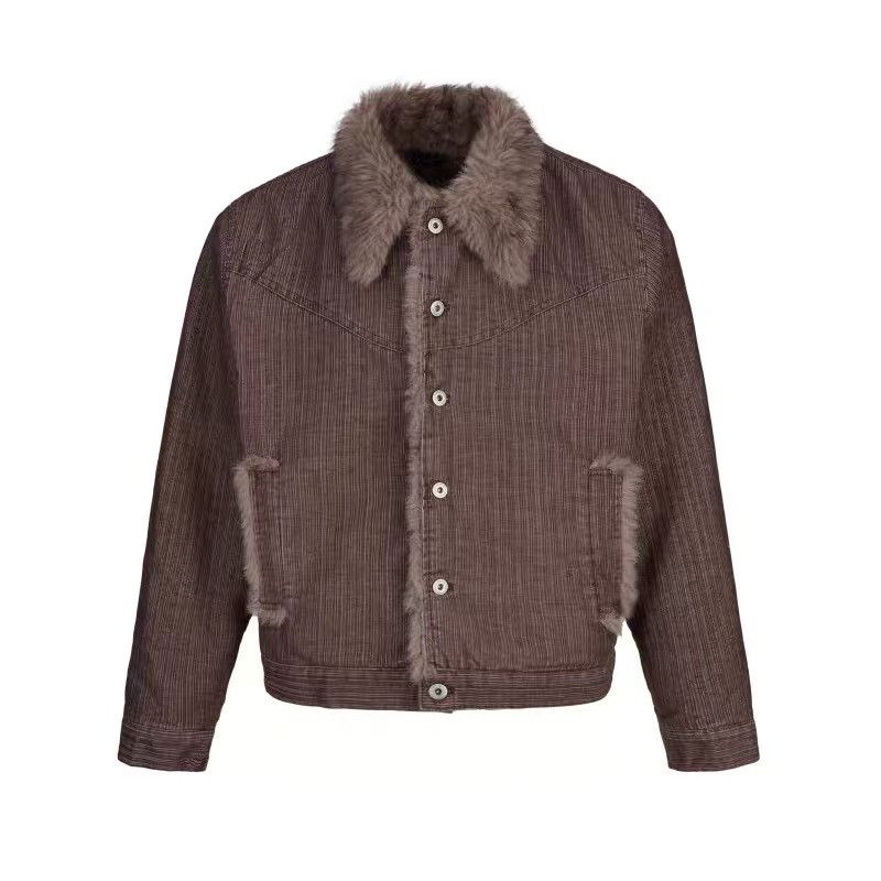 Cabbage Coke American Retro Thick Cotton Jacket for Men and Women, Loose Deconstructed Brushed High-End Fur Collar Coat