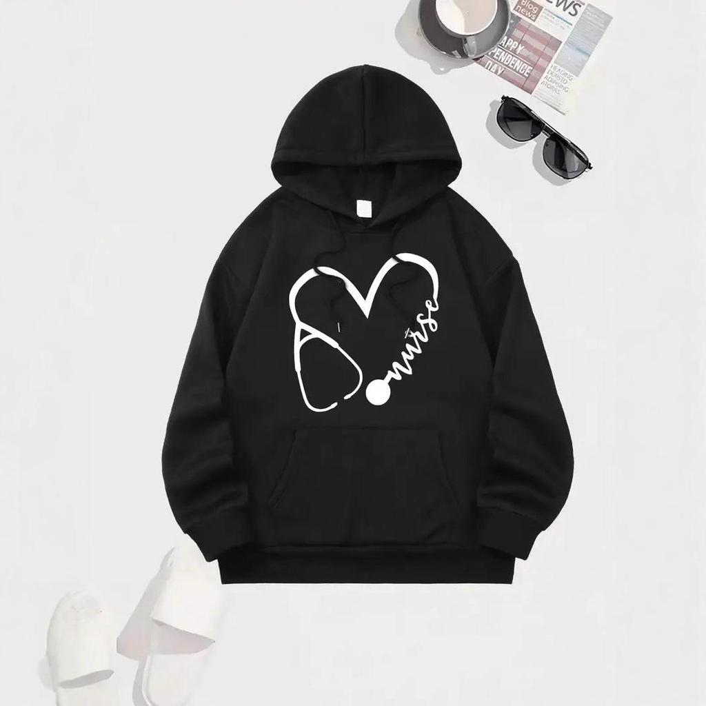 2025 Heart Print Hoodie: Autumn/Winter Casual Loose Fit Jacket with Ribbed Hem