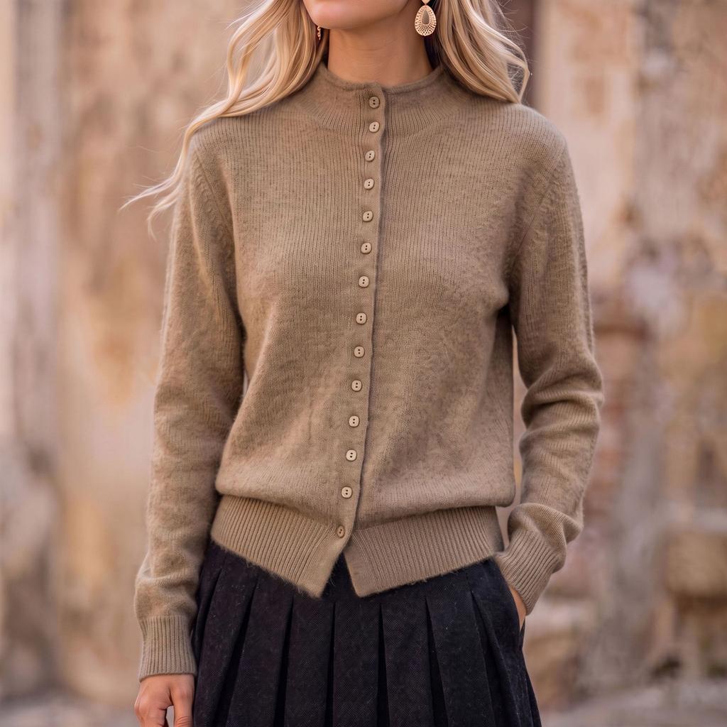 Women's Casual Color Knit Cardigan Sweater with Stand Collar and Button Front