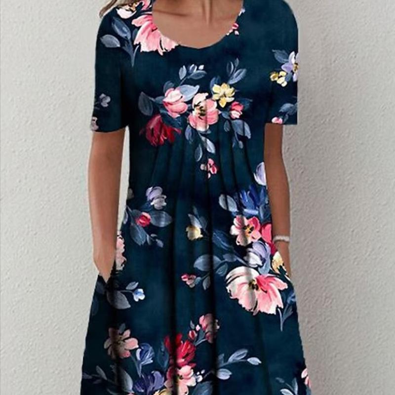 Spring and Summer Floral Print Crew Neck Pocket Women's Fashion Casual Crew Neck Trend Print Medium and Long Dress