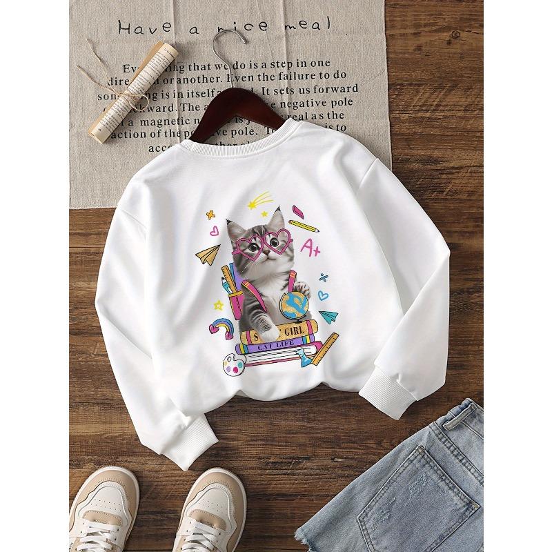 Kids Crewneck Long Sleeve Sweatshirt, Studying Little Cat Print, Sports Casual Tops