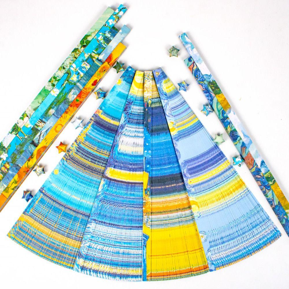 600pcs Oil Painting Star Origami Double Sided Printing Pattern Paper Folding Home Decoration