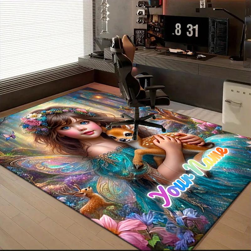 1PC Custom Name Fairy And Deer In Fantasy Forest Theme Floor Mat Ideal for Living Room, Game Rooms, Office, Bedroom,Floor Mat Playful Design33