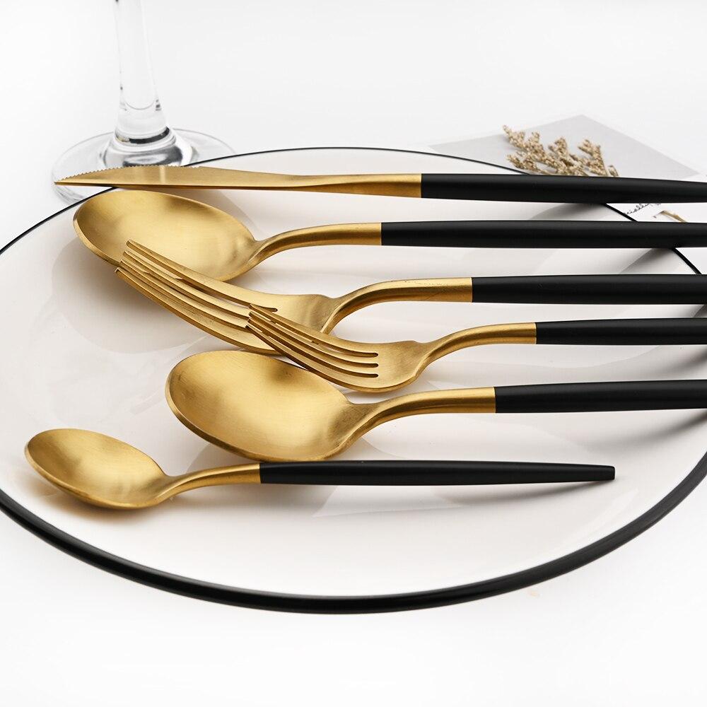 11 Pcs Black Gold Stainless Steel Tableware Cutlery Set 304 Spoon Knife Fork Flatware Set Silverware Kitchen Home Dinnerware Set