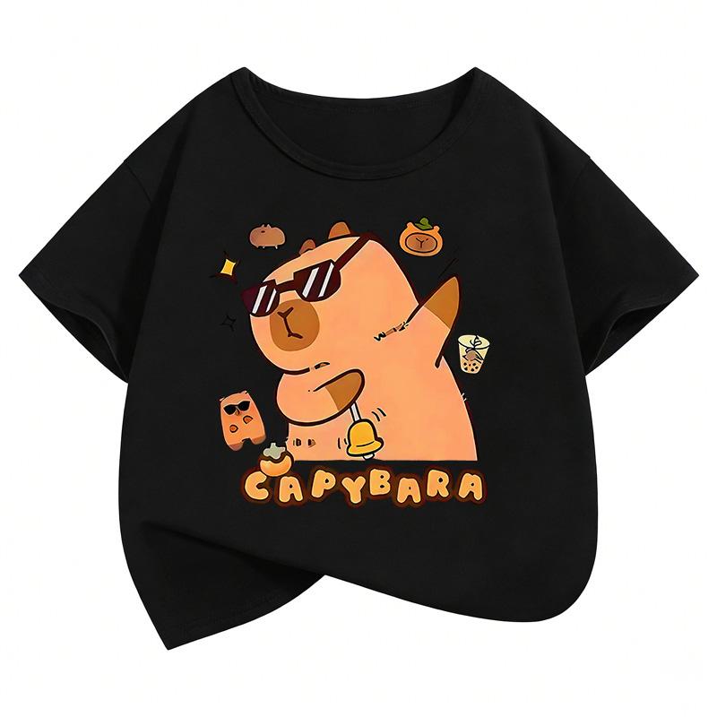 

Summer Spring Cute Capybara Print Round Neck Short Sleeved Tee Shirt for Boys and Girls Fashionable Simple Children s T-shirt 110 чёрный
