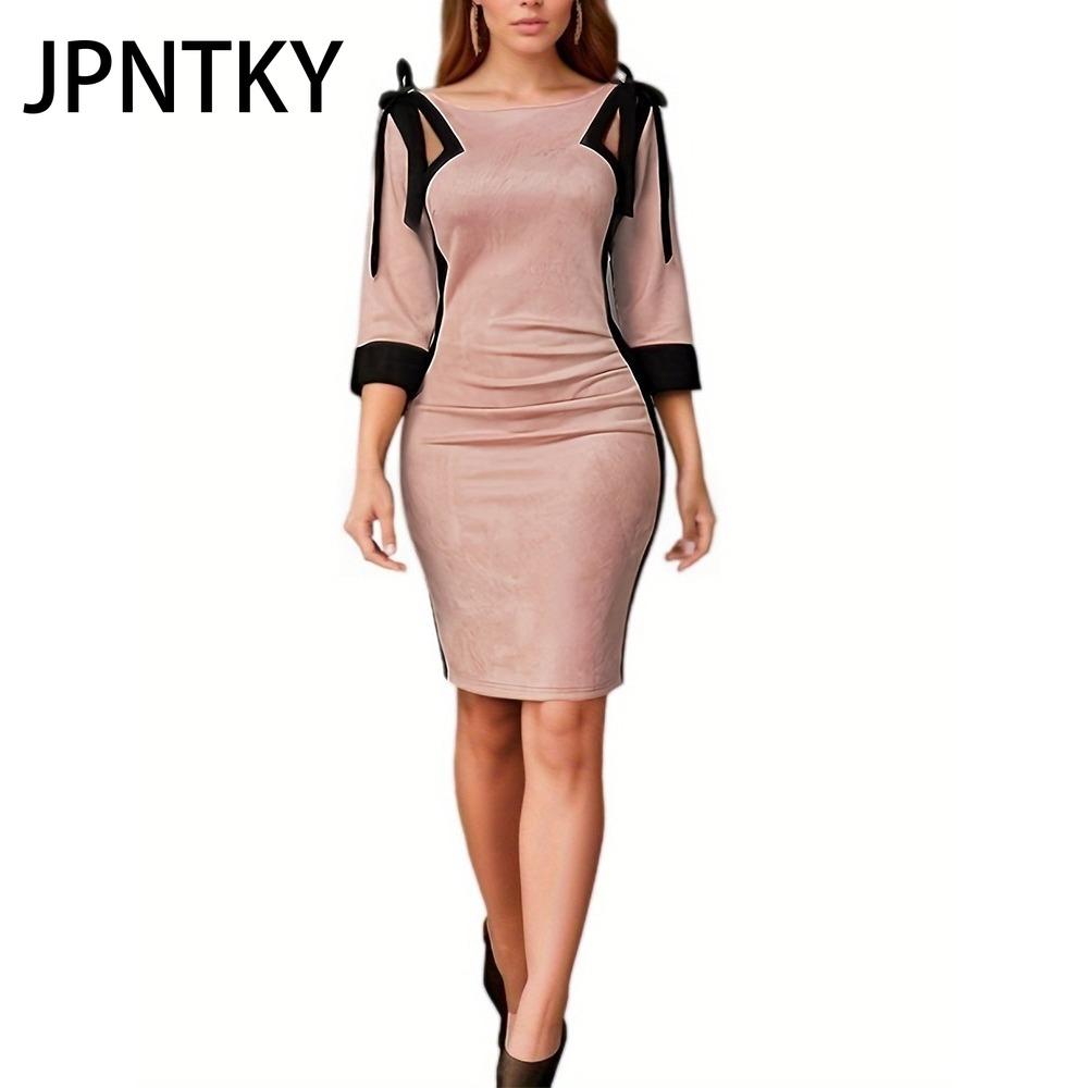 

Женское осенне-зимнее платье JPNTKY с завязками на плечах и рукавами три четверти с разрезом сзади XXL розовый