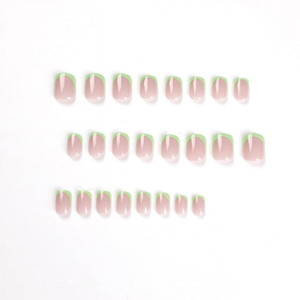 24PCS Press Fake Nails Short Coffin False Nails French Green Edge And Fresh Square Nail 10ml