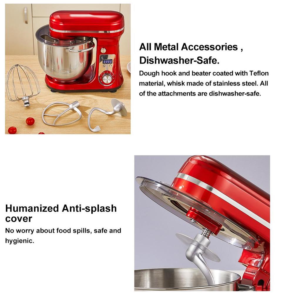 Biolomix Stand Mixer, 1200W DC Quiet Motor 6L Stainless Steel Bowl, 6+Pulse Speeds Electric Kitchen Mixer with LCD Timer, Dough Hook, Beater, Whisk